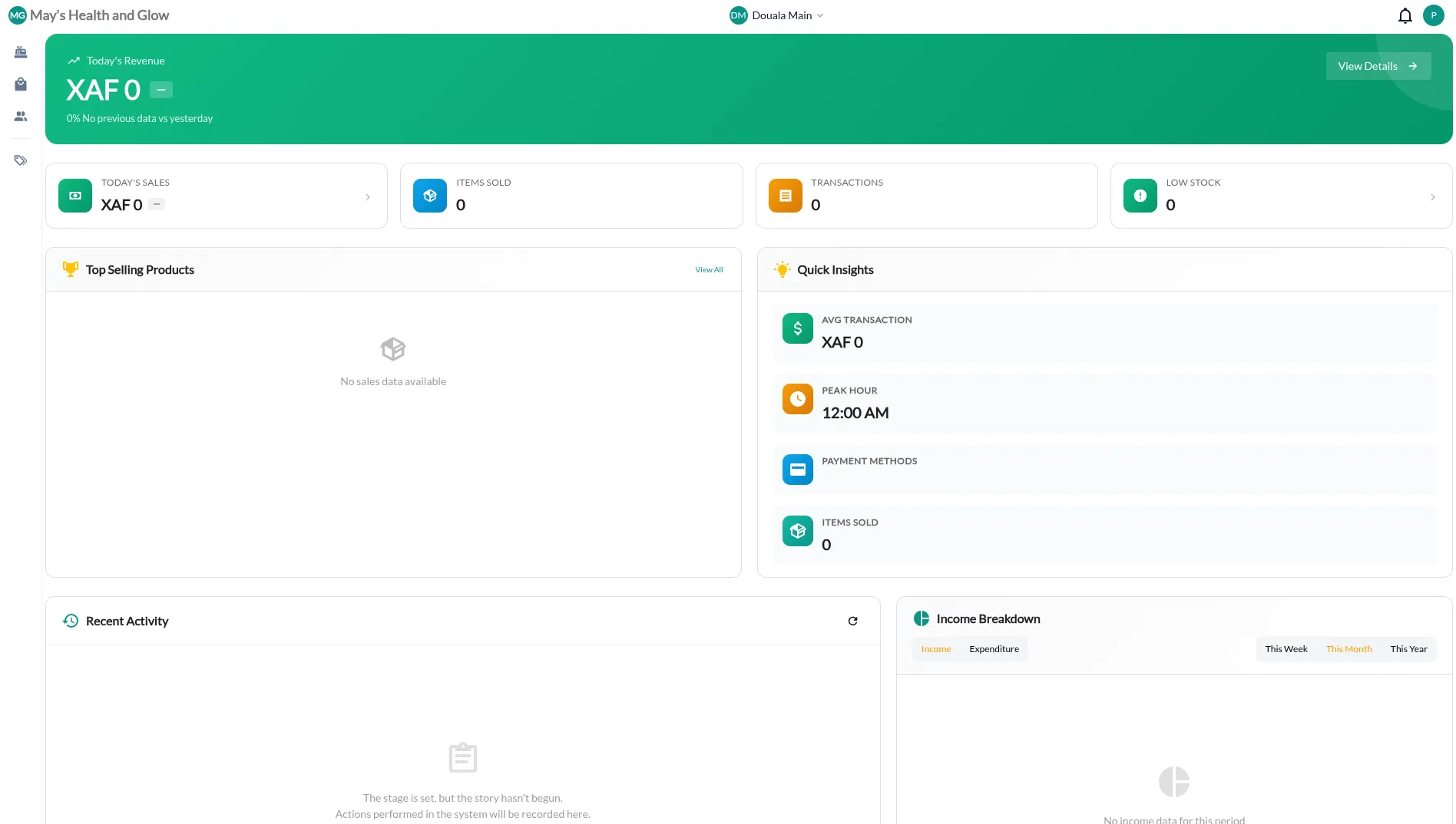 Eshiah dashboard showing revenue, sales, and inventory metrics